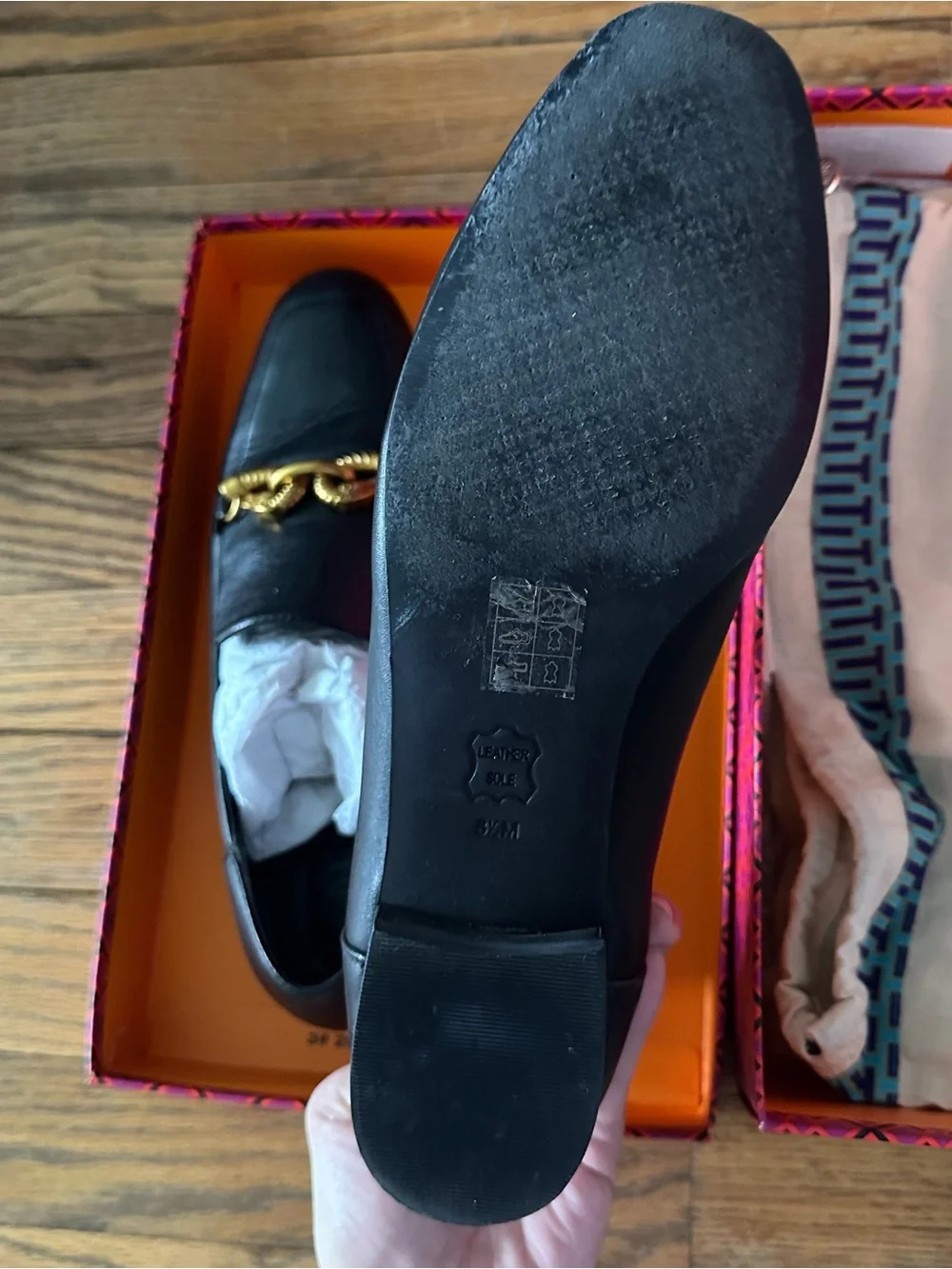 Tory Burch Black Leather Loafers with Gold Chain Trim